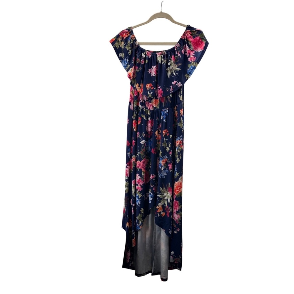Zattcas Easter Floral Maxi Dress‎ Off-Shoulder Ruffle High-Low Hem Navy Large